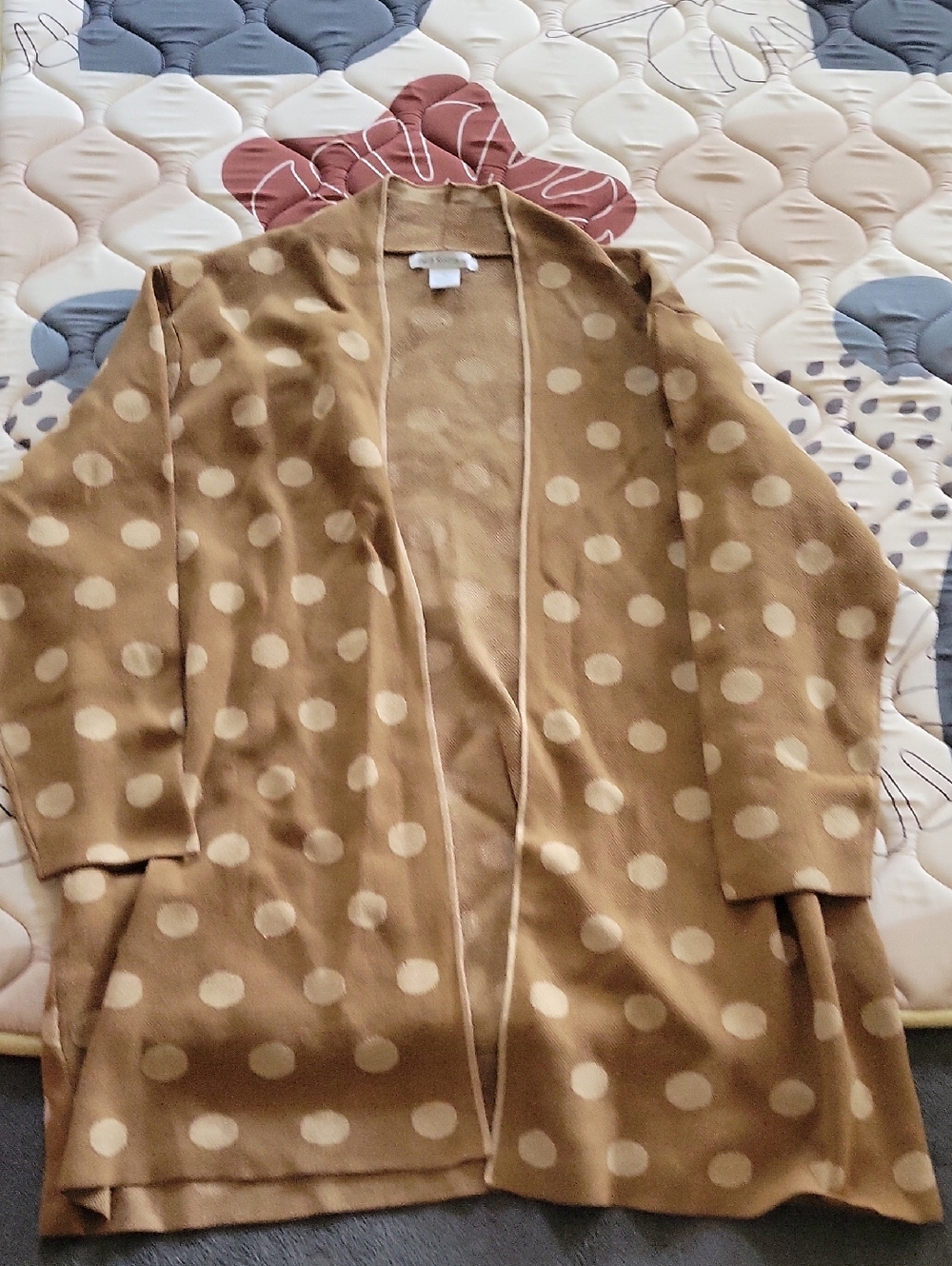 Polka Dot Open Front Long Cardigan - Brown/Cream